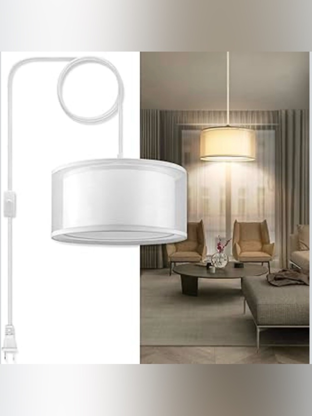 Plug in Pendant Light, 15FT White Cord Hanging Light with Plug in Cord